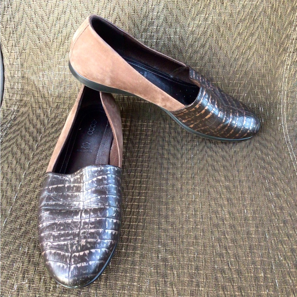 Ecco Brown/Gold Snake Leather Touch 15 Ballerina 2.0 Loafers Shoes